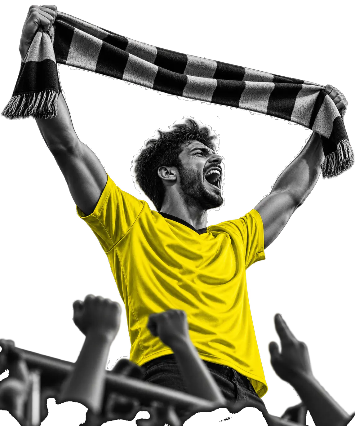 Kombans supporter in gold, scarf raised